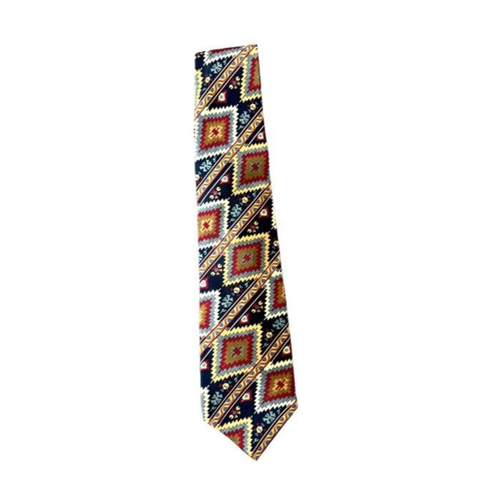 Vintage Ruff Hewn Mens Necktie 100% Silk Made In USA Multicolor Azte Pattern